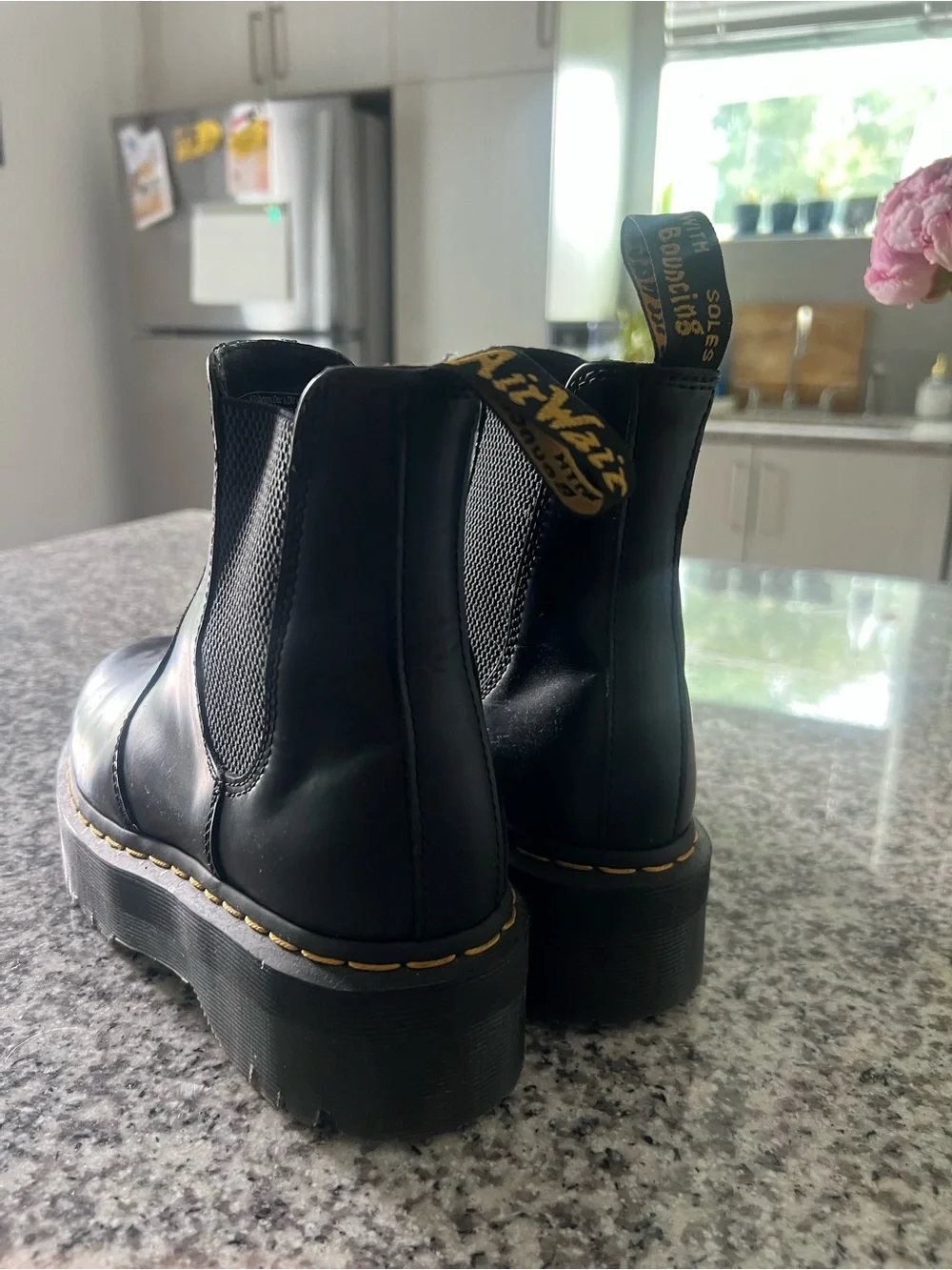 Dr. Martens Black Platform Chelsea Boots with Yellow Welt Stitching